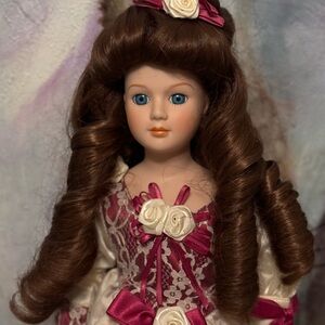 Elegant Brown Hair Doll with Pink and White Dress